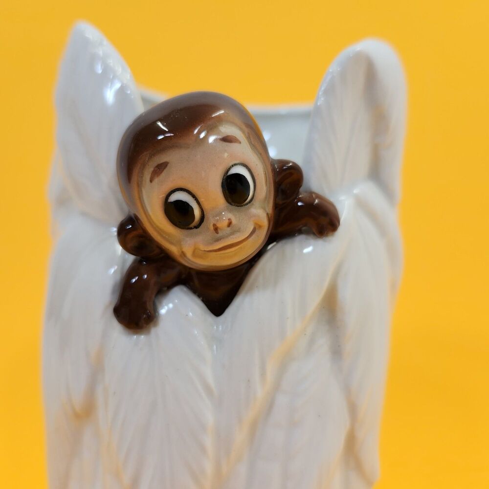 Vintage Monkey Tree Trunk Vase 8" Big Eyed Monkey Ceramic Japan Mid Century Kits